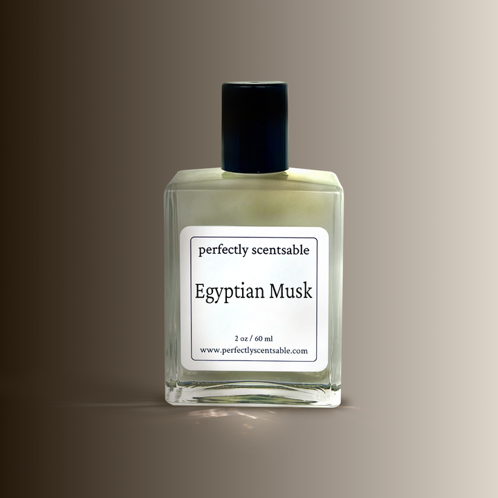 A 2oz square glass bottle labeled Egyptian Musk by Perfectly Scentsable with a dark cap