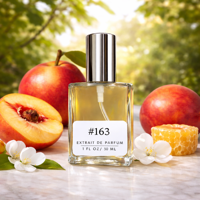 Perfectly Scentsable #163 extrait de parfum — 1 fl oz (30 ml) square glass bottle with silver cap on a soft nature background