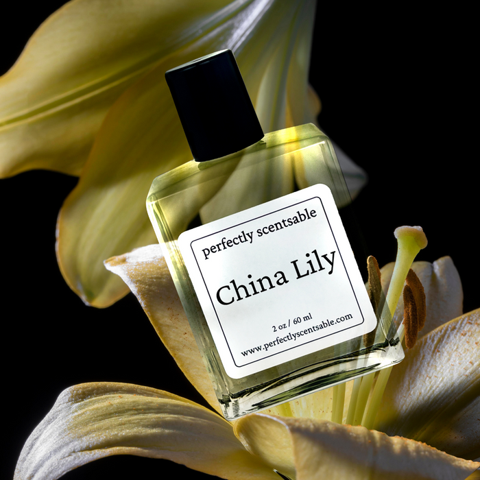 Perfectly Scentsable China Lily perfume oil, 2 oz/60 ml square bottle tilted on a cream lily blossom against a black background.