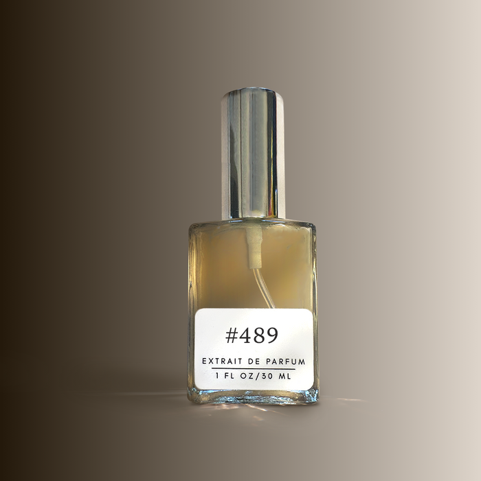 Perfectly Scentsable #489 extrait de parfum — 1 fl oz (30 ml) square glass bottle with silver cap on a soft taupe gradient background
