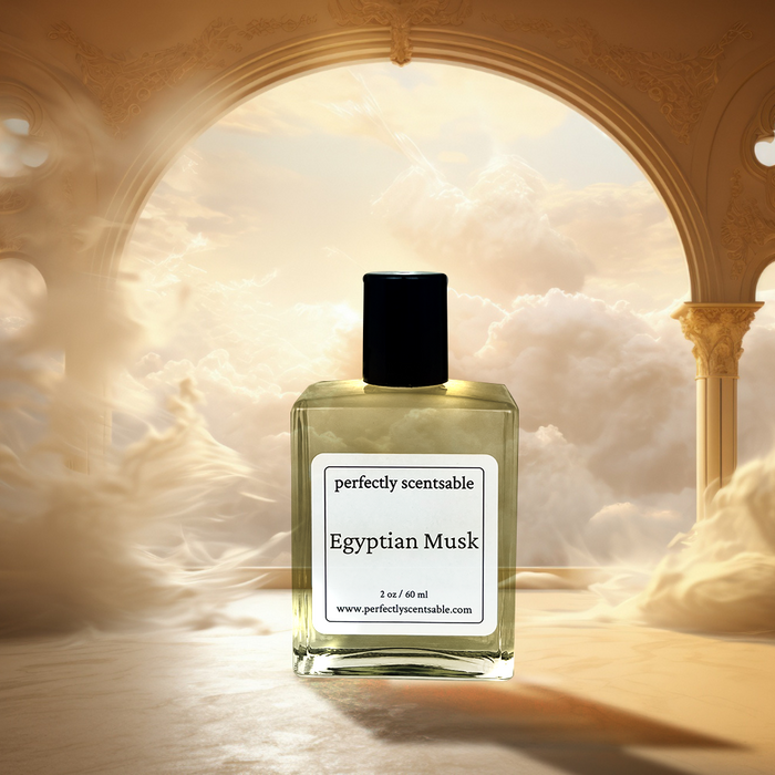Egyptian Musk perfume oil bottle standing on golden desert sand with the Giza pyramids glowing in the background.