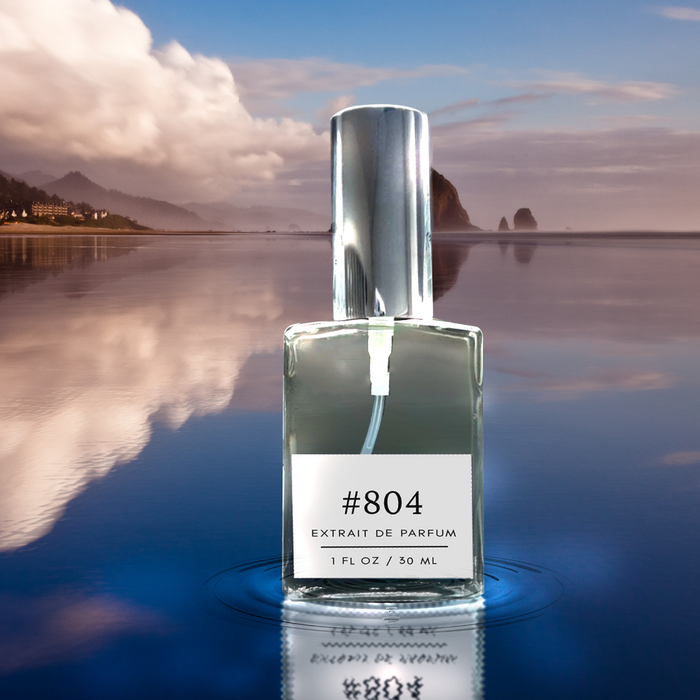 Formula #804 extrait de parfum bottle (1 fl oz/30 ml) standing in calm reflective water with gentle ripples, set against a coastal landscape of clouds, shoreline, and distant sea stacks