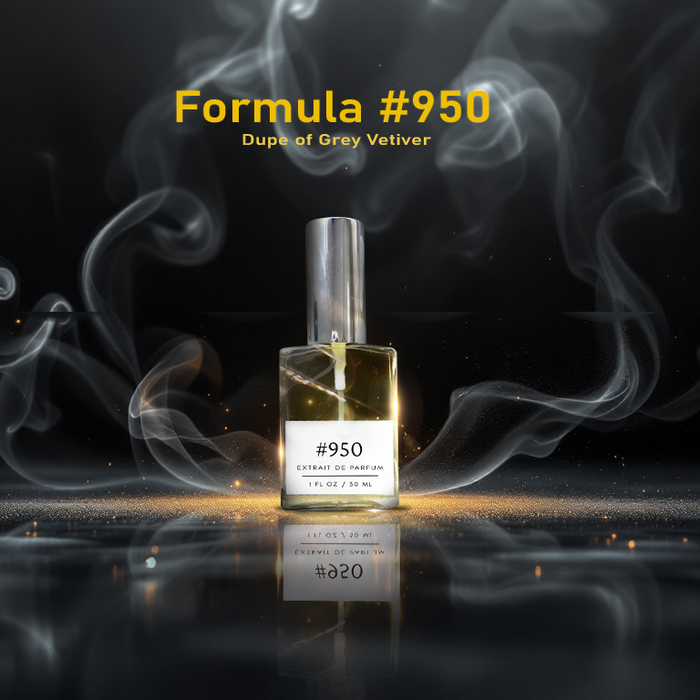 Formula #950 extrait de parfum bottle on a reflective black surface with swirling gray smoke and golden sparkles; headline reads ‘Formula #950 – Dupe of Grey Vetiver by Tom Ford