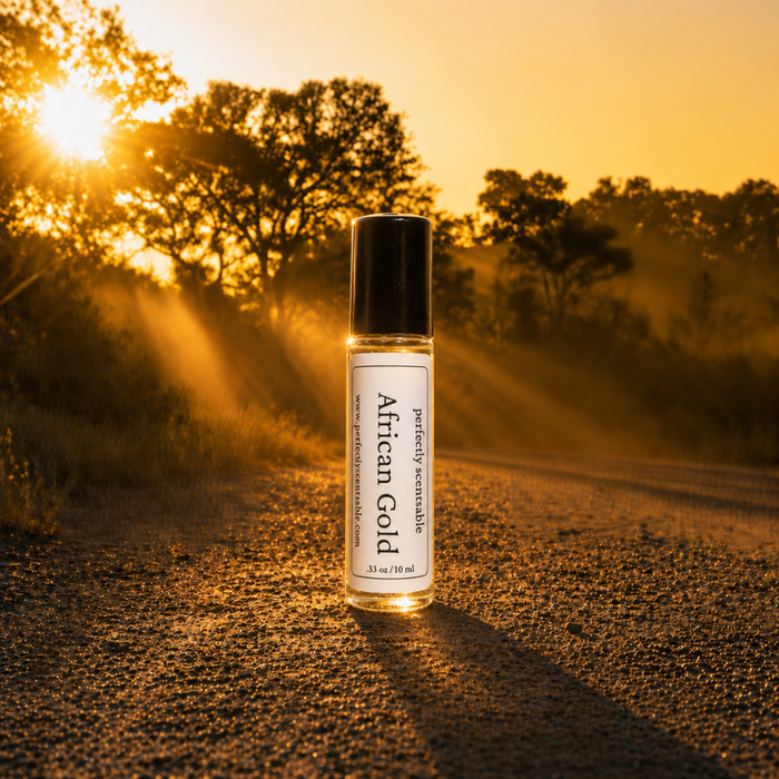 African Gold roll-on perfume bottle standing on a textured road at golden hour, surrounded by warm sunlight, glowing sun rays, and silhouetted trees in the background.