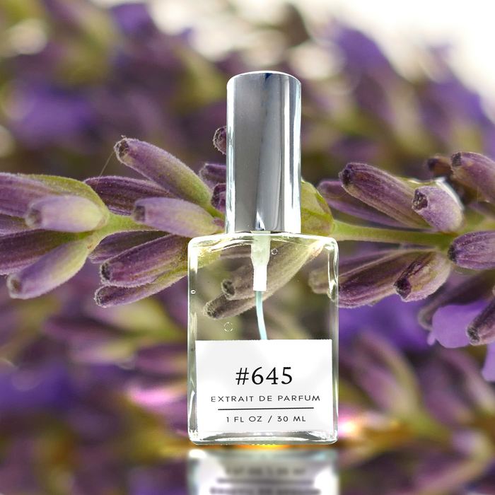 Perfectly Scentsable #645 extrait de parfum bottle (1 fl oz/30 ml) with reflective silver cap set against close-up lavender buds, clean botanical backdrop.