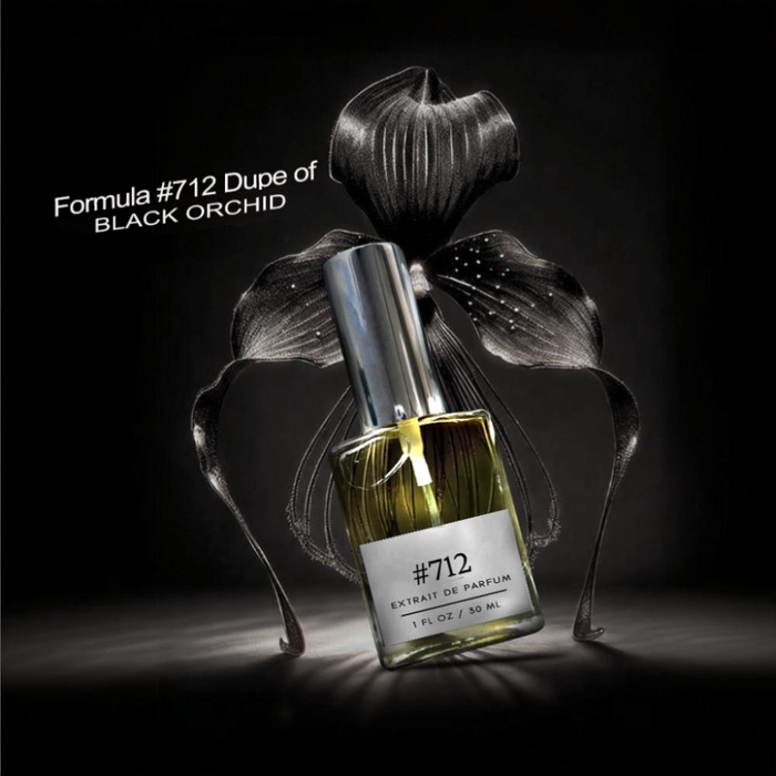 Formula #712 Extrait de Parfum bottle (dupe of Black Orchid) posed against a dark background with a dramatic black orchid illustration.