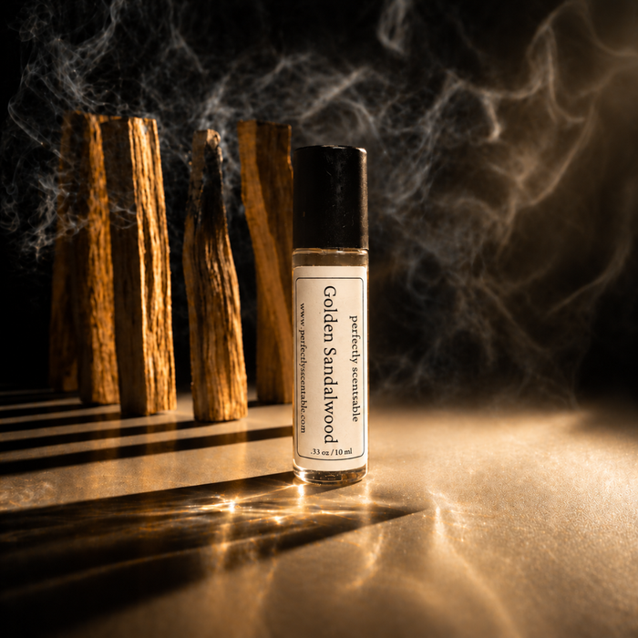 Golden Sandalwood roll-on perfume bottle displayed beside warm-toned sandalwood pieces, surrounded by soft swirling smoke and dramatic golden light against a dark background.