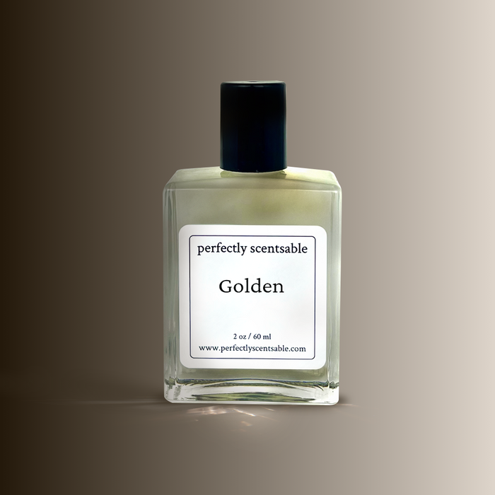 Perfectly Scentsable Golden sandalwood perfume oil, 2 oz/60 ml square glass bottle with black cap on a taupe gradient background.