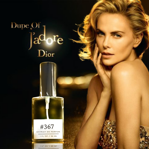 Formula #367 extrait de parfum — Dupe of J’adore — bottle beside a glamorous woman in a gold setting with warm bokeh lights