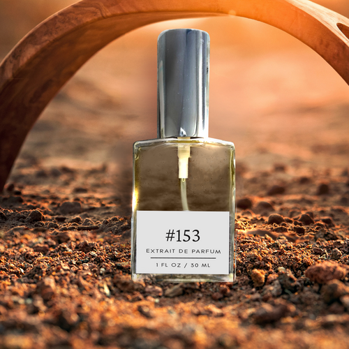 Perfectly Scentsable #153 extrait de parfum bottle on sunlit earthy soil beneath a curved wooden arch