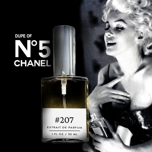 Formula #207, our No. 5 dupe—airy aldehydes with jasmine, rose, and creamy sandalwood. A modern homage to the 1921 icon: timeless, elegant, unmistakably classic.