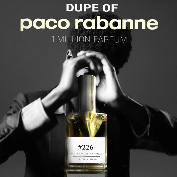 Formula #226 extrait de parfum — dupe of 1 Million Parfum — bottle held by a man in a suit on a monochrome backdrop