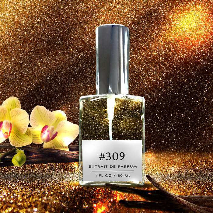 erfectly Scentsable #309 extrait de parfum — silver-capped bottle against a golden glitter backdrop with yellow orchid and vanilla pods