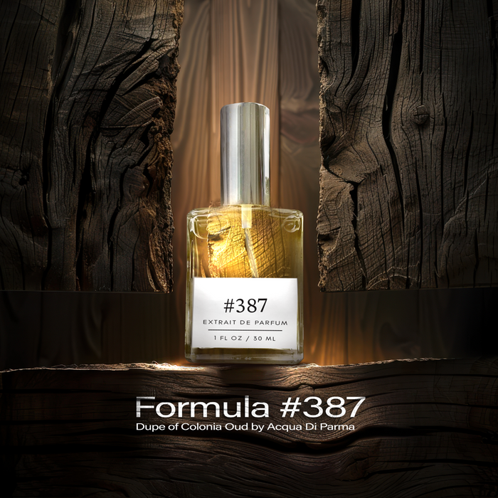 Formula #387 extrait de parfum bottle against textured dark wood, with caption: ‘Formula #387 — Dupe of Colonia Oud by Acqua di Parma