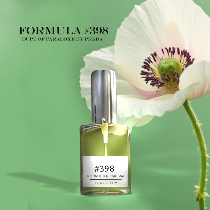 Formula #398 extrait de parfum — dupe of Paradoxe — silver-capped bottle beside a white poppy flower on a soft green background