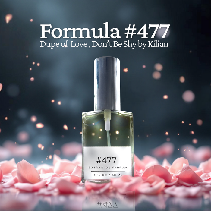 Formula #477 extrait de parfum — dupe of Love, Don’t Be Shy — silver-capped bottle surrounded by pink rose petals with soft bokeh lights
