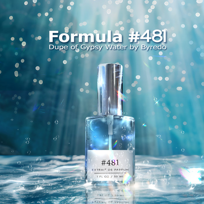 Formula #481 extrait de parfum — dupe of Gypsy Water — silver-capped bottle on rippling water with sunbeams and blue bokeh