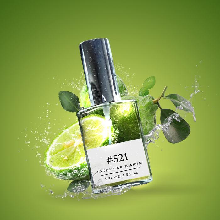 Perfectly Scentsable #521 extrait de parfum — silver-capped bottle with lime slices, green leaves, and water splash on a bright green background
