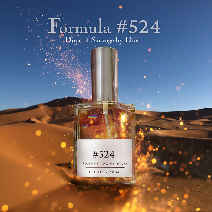 Formula #524 extrait de parfum — dupe of Sauvage — silver-capped bottle amid glowing sparks over desert dunes and a clear night sky