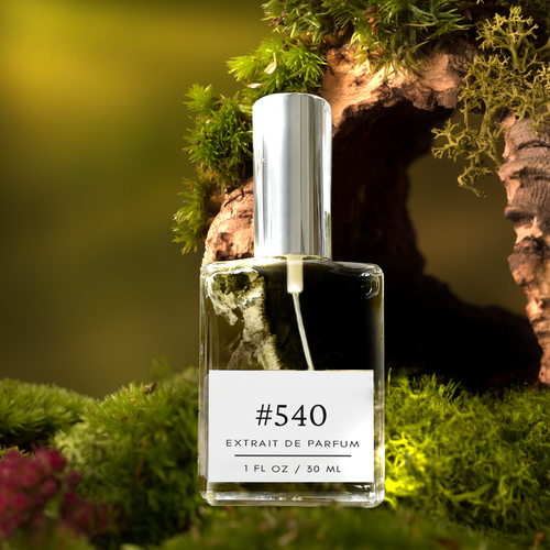 Perfectly Scentsable #540 extrait de parfum — silver-capped bottle set in a mossy forest scene beside a hollow tree trunk