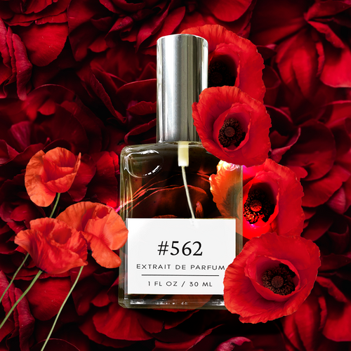 Perfectly Scentsable #562 extrait de parfum — 1 fl oz bottle with silver cap surrounded by vivid red poppy flowers on a lush crimson backdrop