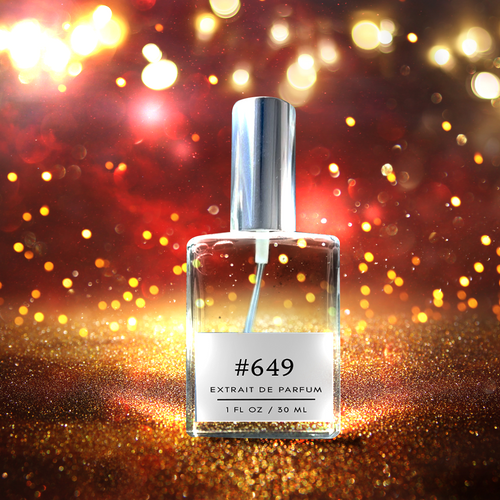 Formula #649 extrait de parfum bottle (1 fl oz / 30 ml) standing on golden glitter with red-gold bokeh lights in the background.