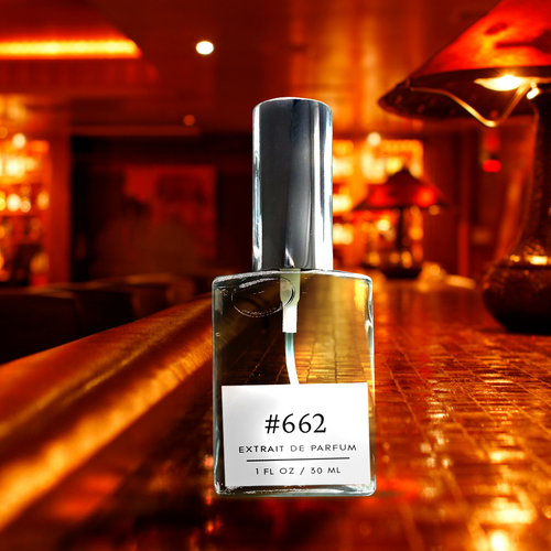 Formula #662 extrait de parfum bottle (1 fl oz / 30 ml) on a glossy bar top with warm amber lighting and vintage lamp bokeh in the background.