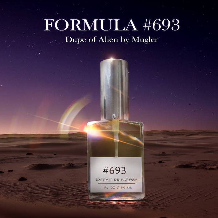 Formula #693 — Dupe of Alien — extrait de parfum bottle (#693, 1 fl oz / 30 ml) set against a starry twilight desert with soft light flares.