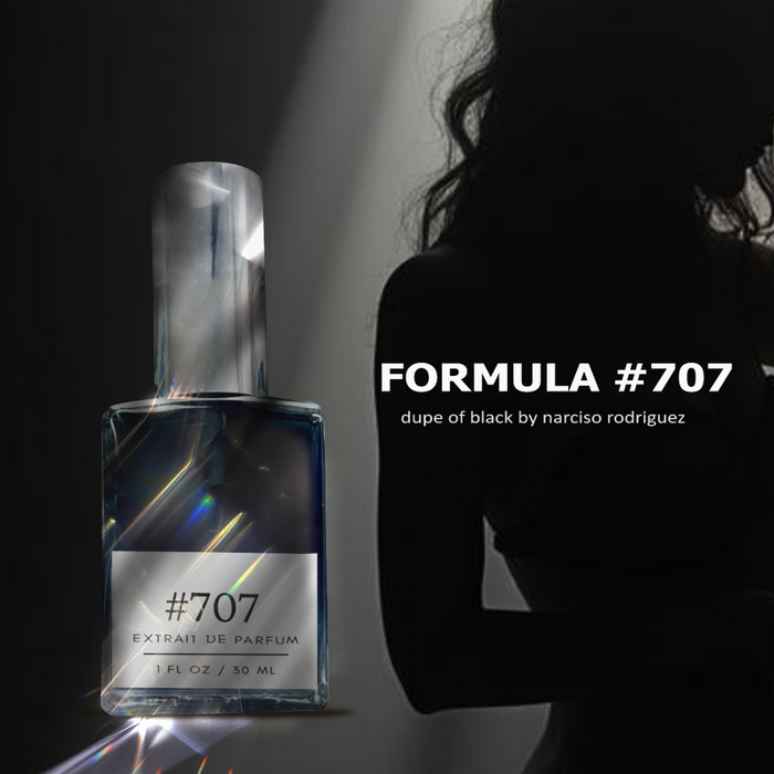 Formula #707 Extrait de Parfum bottle (dupe of Black) with prism light streaks against a moody dark background and a female silhouette.