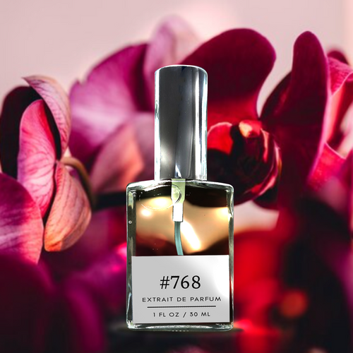 Formula #768 Extrait de Parfum bottle (1 fl oz / 30 ml) centered against a soft-focus background of deep pink and red orchid petals, glossy silver cap and warm amber liquid visible.