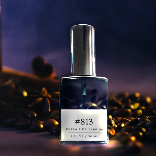 Formula #813 extrait de parfum bottle with silver cap amid scattered spices on a moody dark background