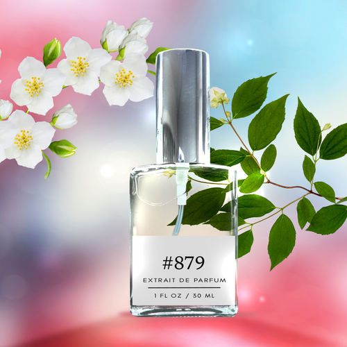 Perfectly Scentsable #879 Extrait de Parfum bottle (1 fl oz / 30 ml) with silver cap, framed by white jasmine blossoms and green leaves on a soft pastel background.