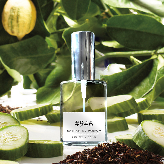 Formula #946 extrait de parfum bottle with cucumber slices, bergamot leaves, and loose black tea on a light background.