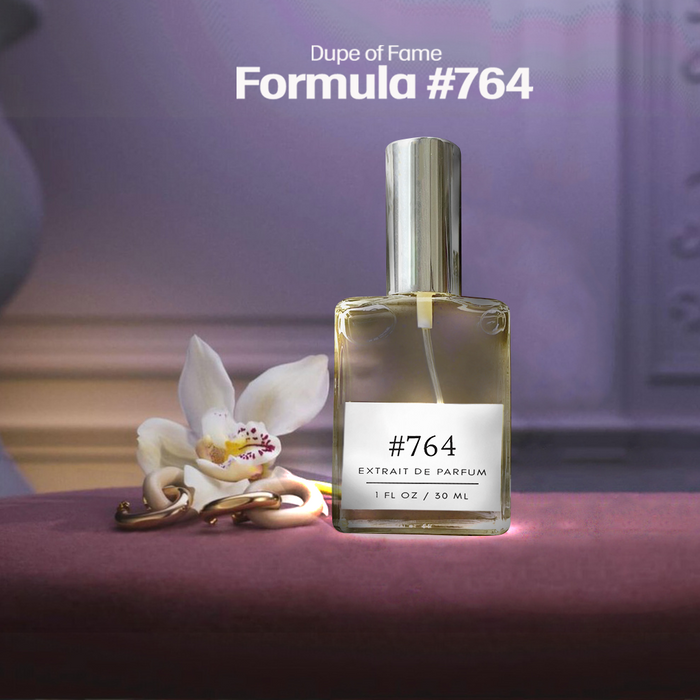 Formula #764 Extrait de Parfum (Dupe of Fame) bottle on a mauve surface beside a white orchid and gold hoops, 1 fl oz / 30 ml, with a soft purple background.