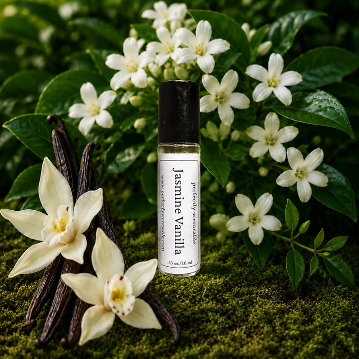 Jasmine Vanilla roll-on perfume bottle displayed on lush green moss, surrounded by white jasmine blossoms, creamy vanilla flowers, dark vanilla pods, and rich green foliage.