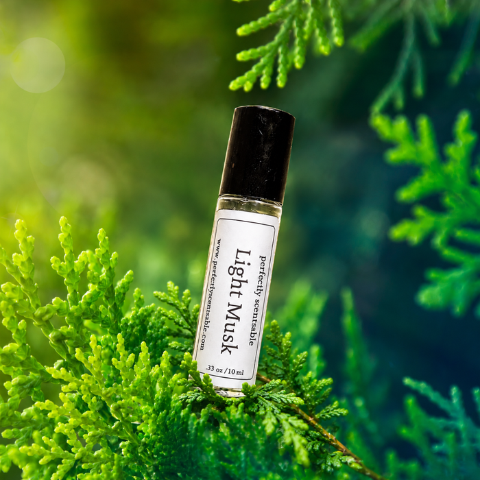 Light Musk roll-on perfume bottle nestled among vibrant green evergreen foliage, set against a softly blurred green background with fresh natural lighting.