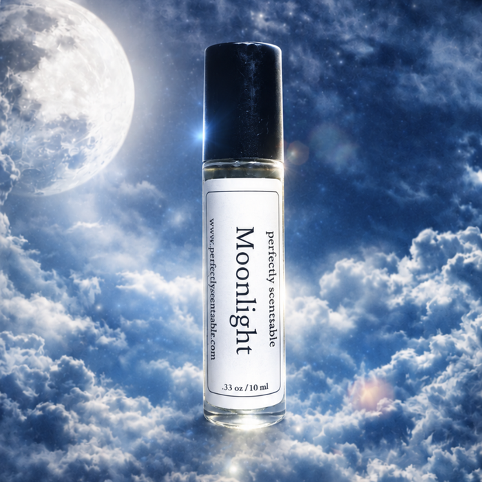 Moonlight roll-on perfume bottle floating above luminous clouds beneath a starry deep-blue night sky, with a glowing full moon and soft celestial light creating a dreamy atmosphere.