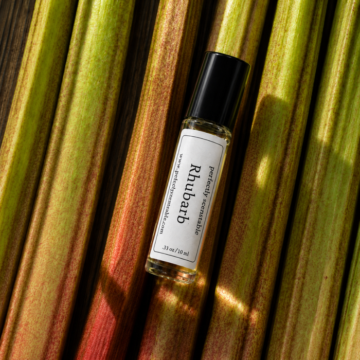 Rhubarb roll-on perfume bottle resting diagonally across fresh rhubarb stalks, with green and reddish stems highlighted by warm natural light and soft shadows.
