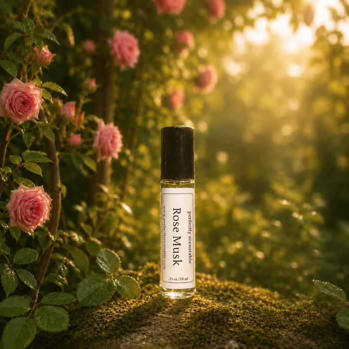 Rose Musk roll-on perfume bottle standing on moss in a sunlit rose garden, surrounded by soft pink roses and green leaves with warm golden light in the background.