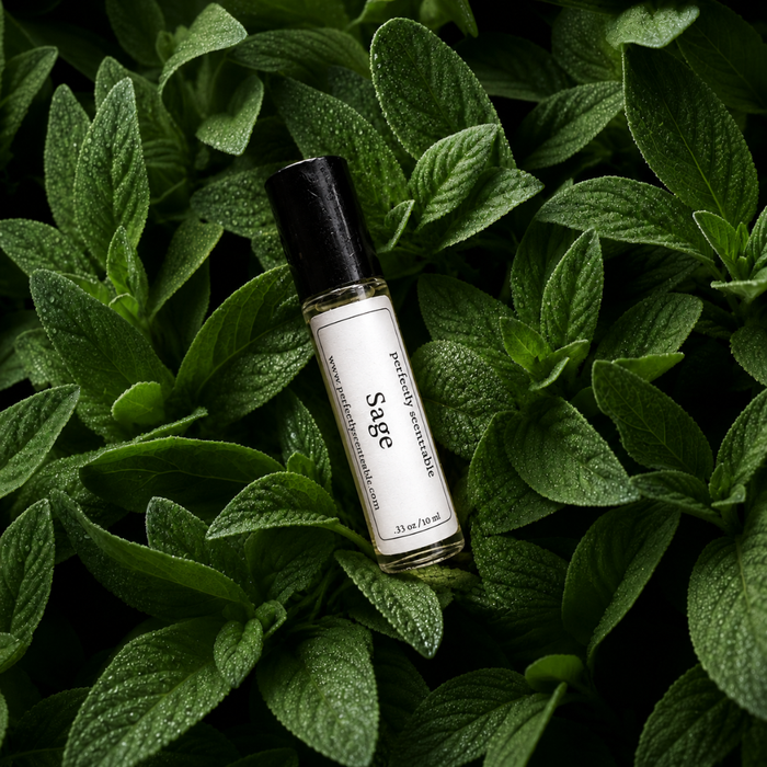 Sage roll-on perfume bottle resting diagonally among lush green sage leaves covered in fine water droplets, creating a fresh, botanical atmosphere.