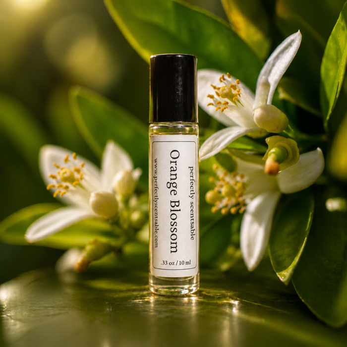 Orange Blossom roll-on perfume bottle displayed among white orange blossoms and lush green leaves, illuminated by warm golden sunlight for a fresh, natural look.