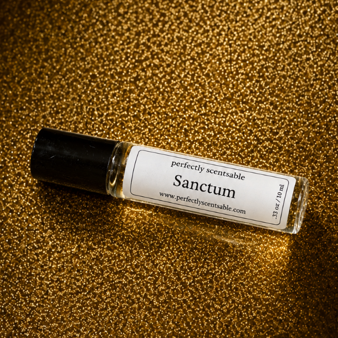 Sanctum roll-on perfume bottle resting horizontally on a richly textured golden surface, illuminated by warm light that creates shimmering highlights around the bottle.