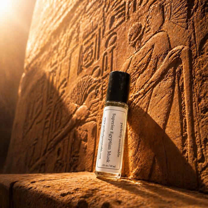 Superior Egyptian Musk roll-on perfume bottle leaning against an ancient Egyptian-style carved stone wall, illuminated by warm golden sunlight that highlights the hieroglyphic details and textured surface.