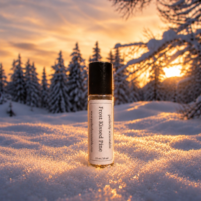 Frost Kissed Pine roll-on perfume bottle standing in sparkling snow, with snow-covered pine trees in the background and warm golden sunset light glowing across the winter scene.