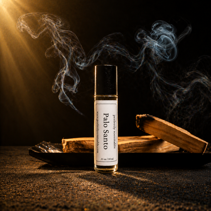 Palo Santo roll-on perfume bottle displayed beside warm-toned palo santo wood pieces, surrounded by curling aromatic smoke against a dark background with soft golden lighting.