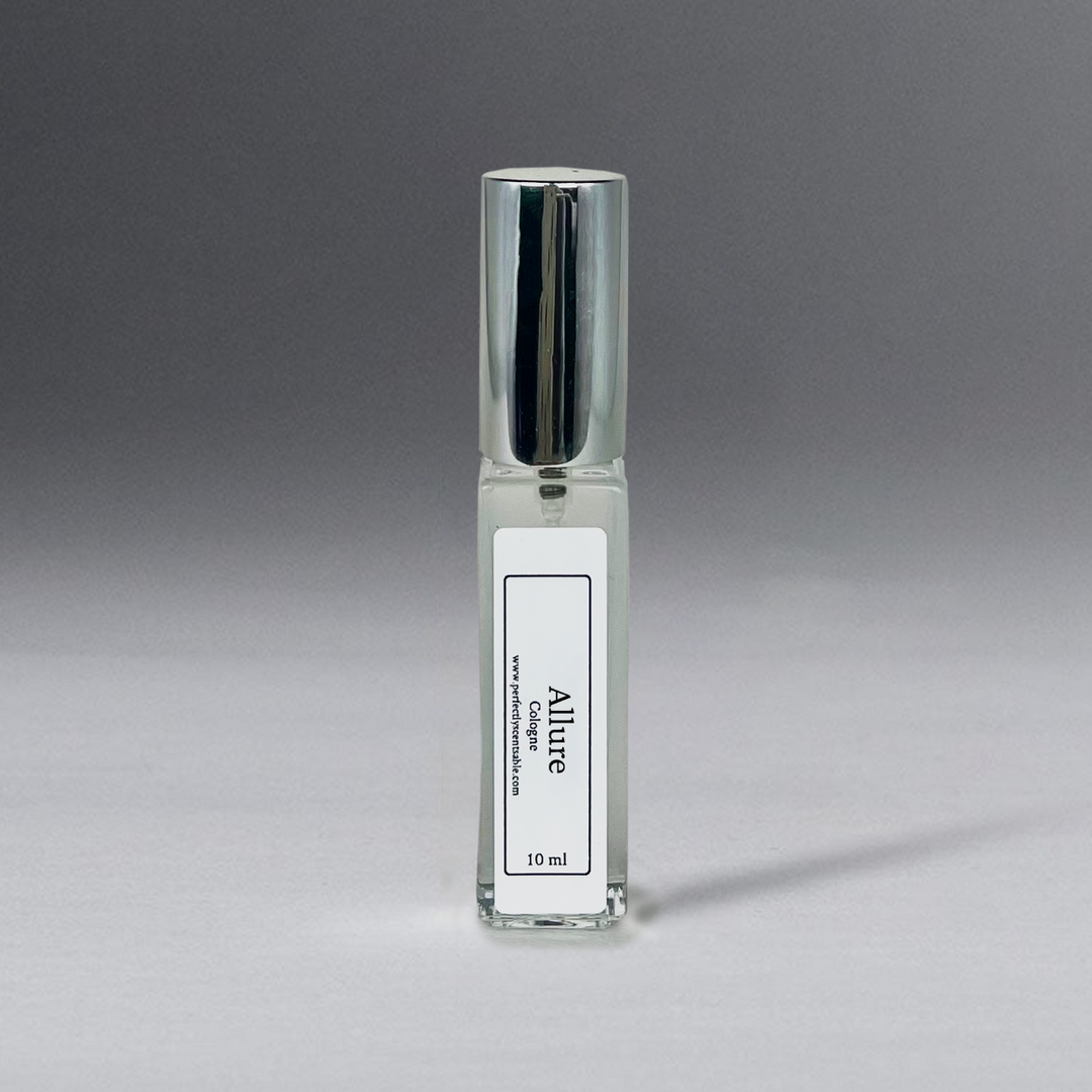 Clear 10 ml oil bottle in a rectangular shape with a silver cap, elegantly standing against a gray background.