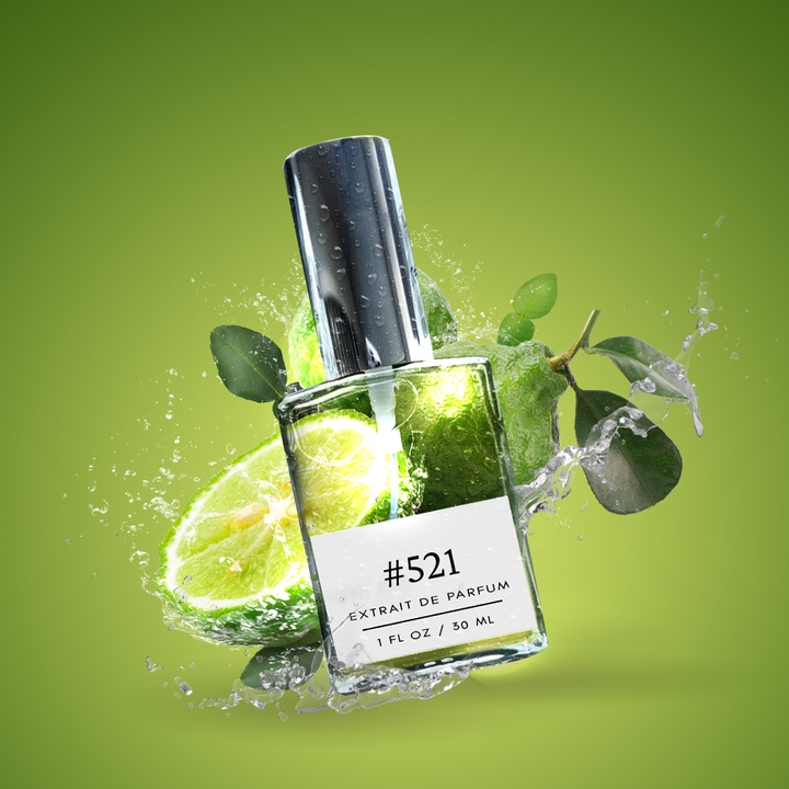 A silver-capped bottle labeled '521 Dupe Bergamote 22 Dupe Unisex Fragrance - Timeless Appeal' stands against a lush green background. A bergamot fruit rests beside the bottle, with a splash of water adding a refreshing touch.