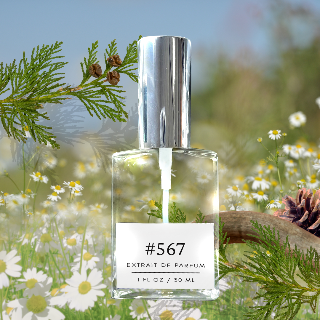 A 1 fl/30 ml bottle labeled '567 Dupe Le Labo Santal 33 Inspired Fragrance Sample Extrait de Parfum' stands against a backdrop of white flowers, pine leaves, and a pine cone, with a serene blue sky in the background.