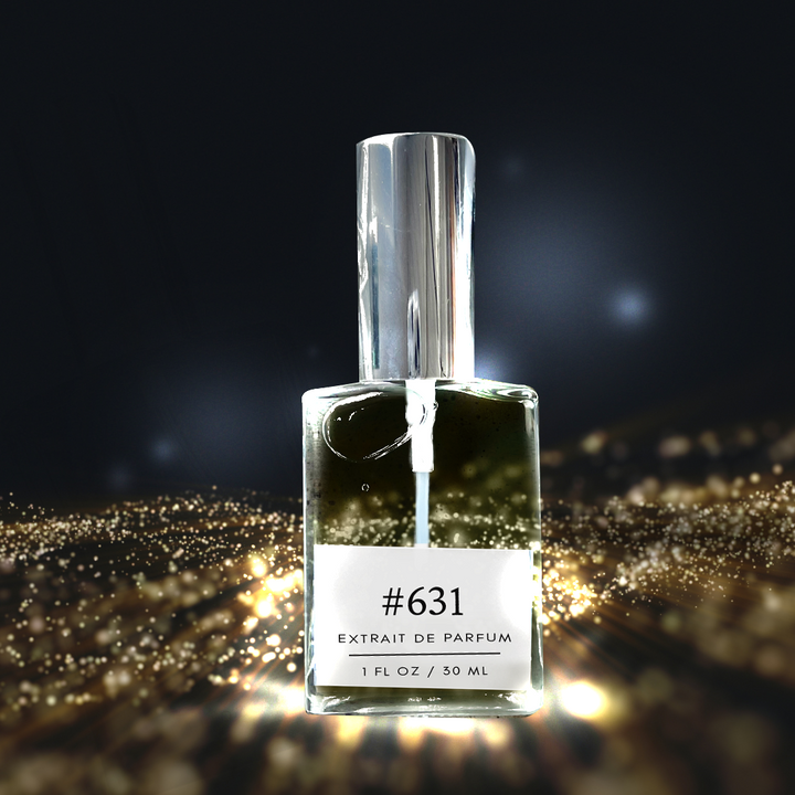 A 30 ml bottle of 631 Dupe Luxurious Extrait de Parfum inspired by Creed Millesime Imperial stands upright on a shimmering gold surface against a sleek black background. The label on the bottle adds a touch of elegance, hinting at the luxurious fragrance within.