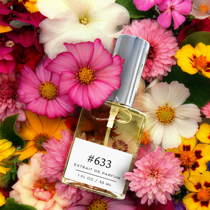 Image of a 1 fl/30 ml bottle of Scent of a Woman fragrance lying down amidst a variety of flowers. The fragrance embodies a captivating blend of Floral-Chypre notes.